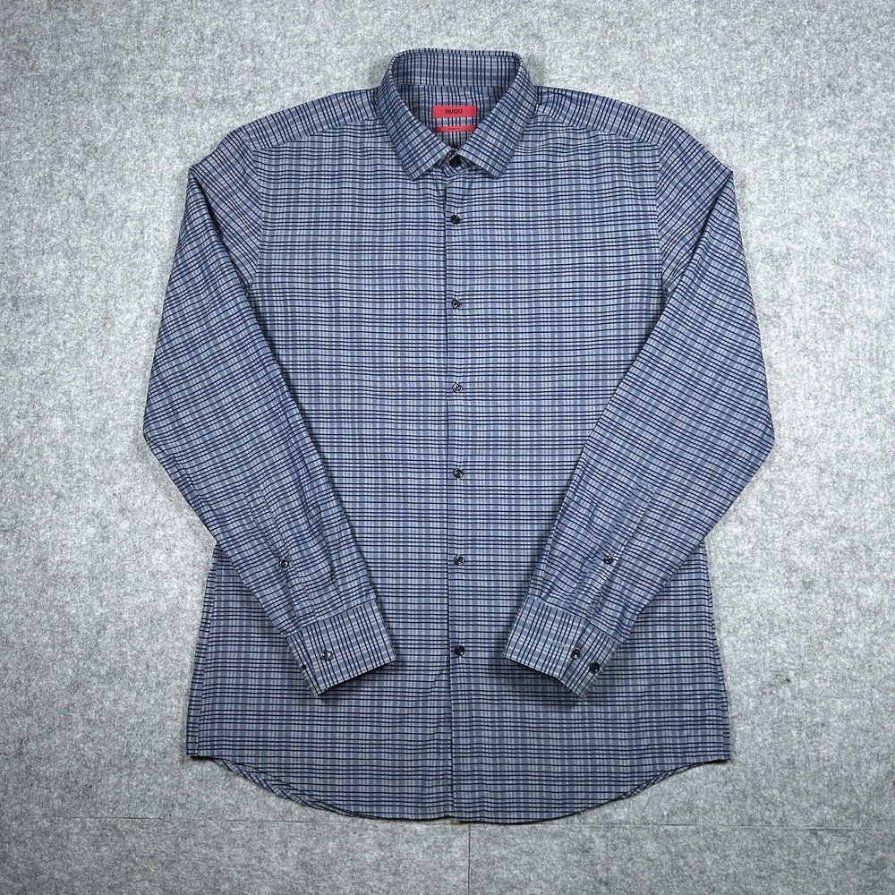 Hugo Boss Button Down Dress Shirt Mens 42 16.5 Slim Fit Blue Teal Long Sleeve
